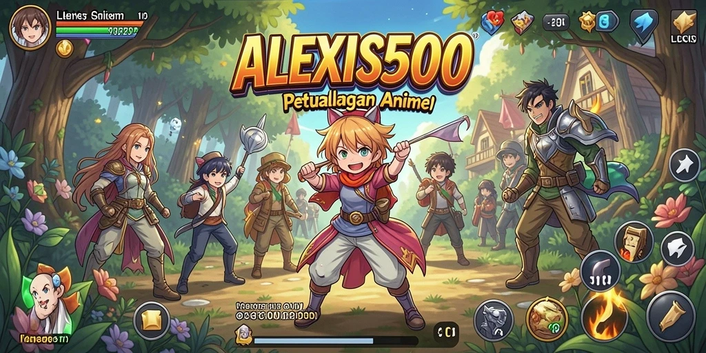 Screenshot utama ALEXIS500 menampilkan karakter anime dalam pertarungan epik.