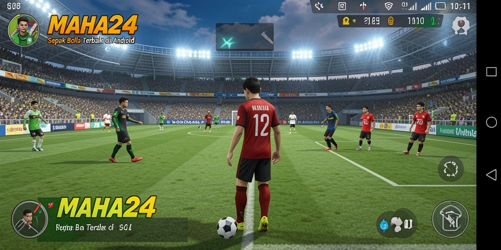 Screenshot dari gameplay <strong>MAHA24</strong> menampilkan aksi pertandingan sepak bola.