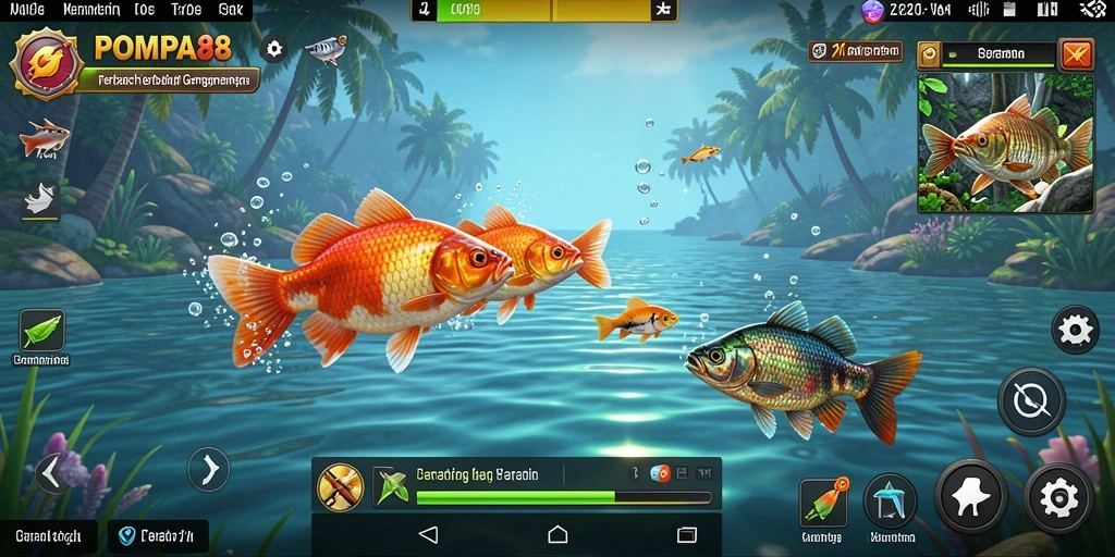 Tampilan gameplay POMPA88 menampilkan keseruan memancing ikan berwarna-warni.